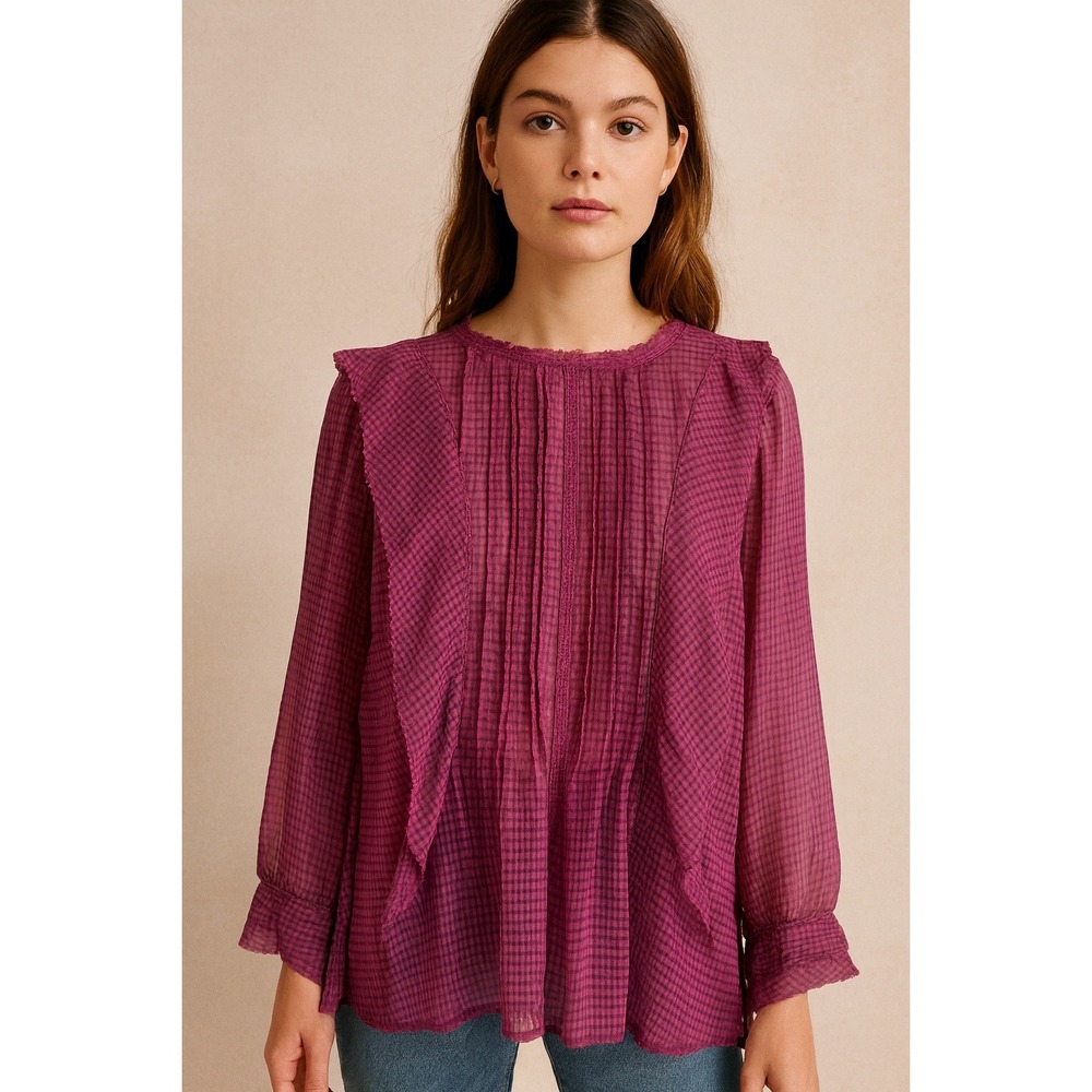 Anthropologie HD in Paris Swing Top 4P Sheer Flowy‎ Check Romantic Whimsy Boho